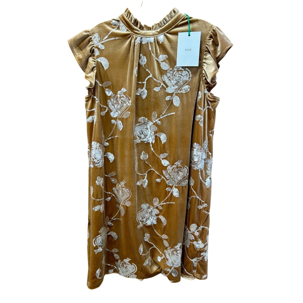VOY Women Gold Velvet Floral Sequin Ruffle Neck Tie Back Flutter Sleeve Dress S
